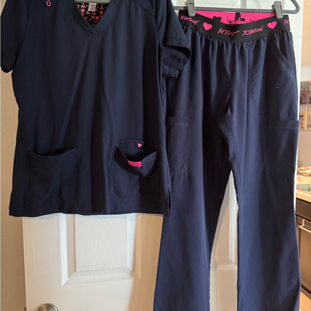 Betsey Johnson Navy Scrub Set with Pink Floral Lining